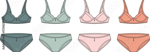 Essential collection of women's comfortable lingerie, featuring soft pastel-colored bras and matching panties, ideal for daily wear and intimate apparel designs in a vector style