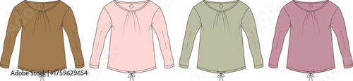 Four Long-Sleeved T-shirts in Various Colors Brown, Pink, Green, and Purple with Drawstrings
