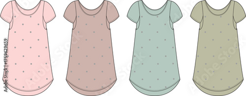 Elegant Tunic Dress Fashion Design in Four Colors with Dotted Patterns