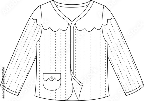 Monochrome technical flat sketch of a quilted baby cardigan with a scalloped yoke and pocket, isolated vector line art
