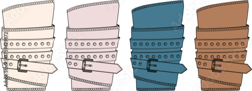 Four studded leather wrist cuffs in different shades of white, beige, blue, and brown, each with a buckle fastening and eyelets