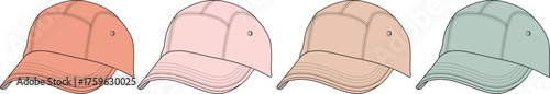 A colorful collection of four illustrated baseball caps in pastel shades, representing casual fashion and personal style choices
