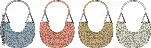 A stylish set of four handmade bohemian macrame handbags in a soft color palette, illustrating a concept of artisanal craft and summer fashion
