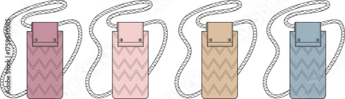 A set of stylish and colorful mobile phone pouches with a crossbody strap design, vector art