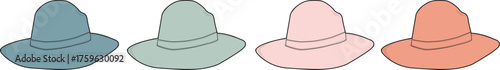 A stylish collection of classic fedora hats in a soft, muted color palette. This set of isolated headwear icons is ideal for fashion design