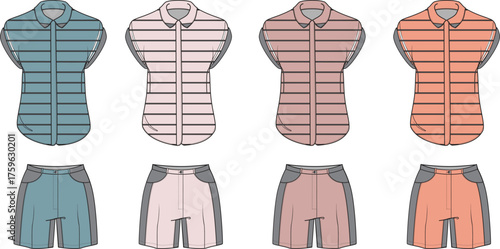 Fashion design sketches of sleeveless collared tops and shorts in various colors