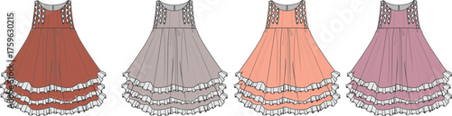Fashion design technical flat sketch set of a bohemian tiered ruffle dress with lace details, presented in four different colorways