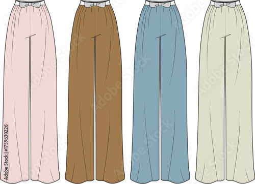 Stylish Women's Wide Leg Trousers Fashion Technical Sketch Collection Featuring High-Waist Bow Detail Pants in Diverse Color Palette for Apparel Design and Trend Concepts