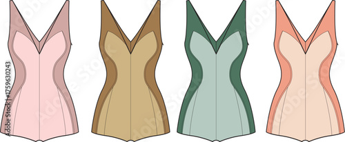 A set of four elegant, one-piece swimsuits in varying shades of pastel colors, featuring a plunging V-neckline and a figure-hugging design