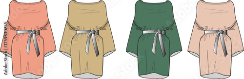 Collection of women's belted mini dress technical flat sketches. A fashion vector illustration set showing multiple color options for apparel