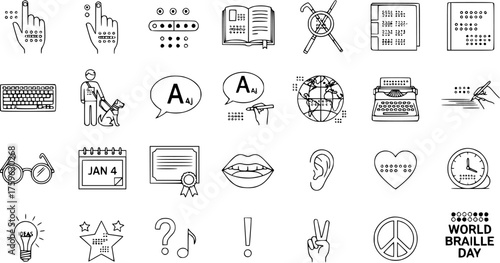 Line Art Braille and Accessibility Icons: Vision Impairment, Blindness, Communication, Education, and Support