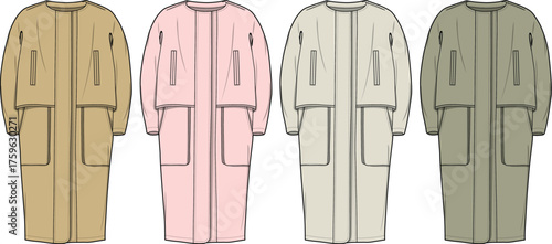 Technical flat fashion sketch set of an oversized long hooded winter parka coat in four different color variations for apparel design