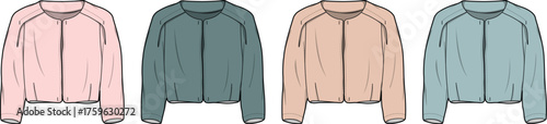 Women's cropped bomber jacket fashion flat sketch set. Vector technical drawing of a sporty zip-up sweatshirt template in multiple colors