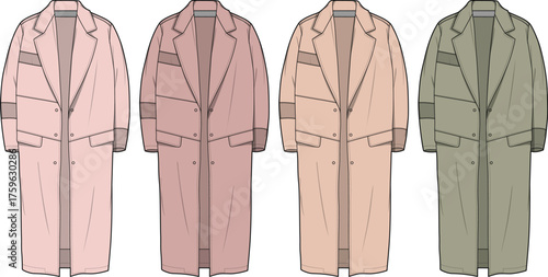 Diverse vector fashion flats showcasing contemporary women's long coats in a range of elegant, muted pastel colors, perfect for modern apparel design concepts and trend forecasting