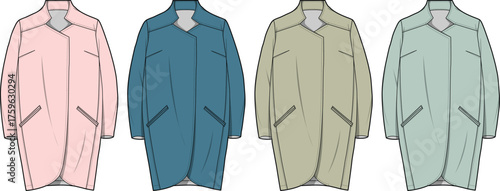 A collection of women's long coat technical fashion flat sketches shown in four different colorways. Vector illustration template for apparel design