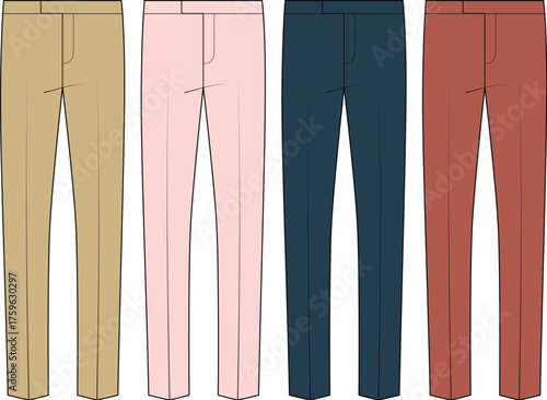 Vector illustration of various colored casual and dress pants, perfect for fashion e-commerce, clothing catalogs, and design projects, offering style versatility