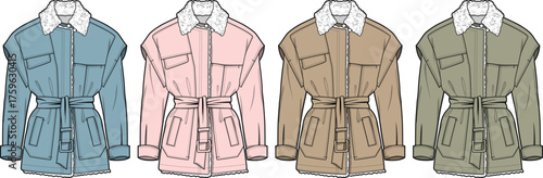 Set of fashion technical flat sketches for a women's belted utility jacket with a shearling collar, shown in four different colorways