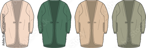 Four variations of a loose-fitting cardigan with an open front and long sleeves displayed in a neutral color palette on a white background, showcasing different shades of beige and green