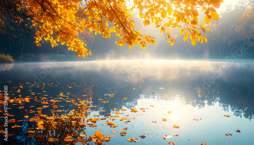Autumnal Reflections: Serene lake in the embrace of a misty morning, surrounded by vibrant golden foliage, invites contemplation and tranquility.