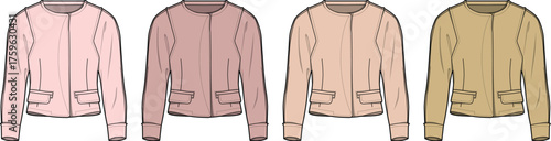 Fashion flat vector illustration featuring a versatile women's bomber jacket in a range of soft, muted colors, perfect for clothing design concepts and textile development