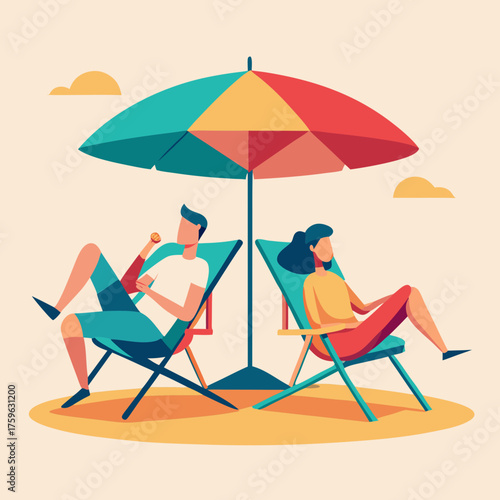 Couple relaxing on beach chairs under a colorful umbrella on a sunny day