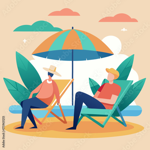 Two friends relaxing on beach chairs under a colorful umbrella on a sunny day