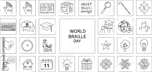 World Braille Day Doodle Icon Set: Hand-Drawn Symbols for Blindness Awareness, Education, Accessibility, Reading, and Visually Impaired Support