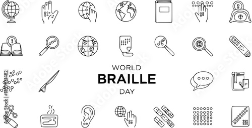 World Braille Day Line Art Icons: Set of detailed vector symbols for accessibility, education, global communication, and tactile reading, featuring braille dots, hands, globes, and books.