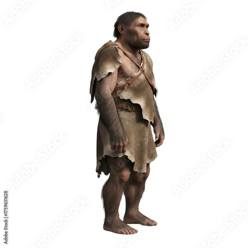 Fototapeta Neanderthal human species isolated on white background, realistic prehistoric po