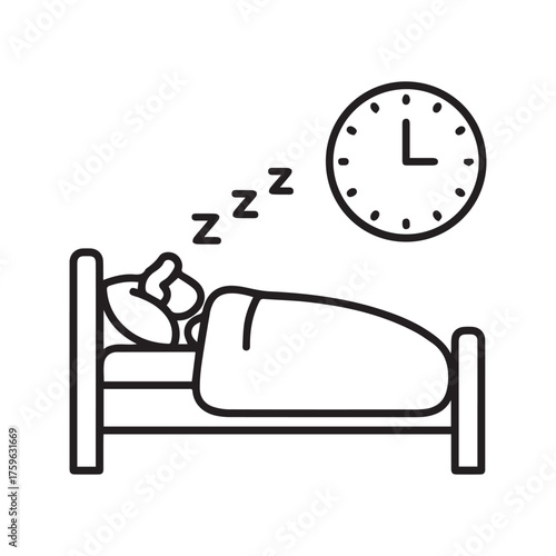 Sleeping time icon. Person in bed with a clock, symbol of healthy sleep, rest, and bedtime schedule. Simple line vector illustration.

