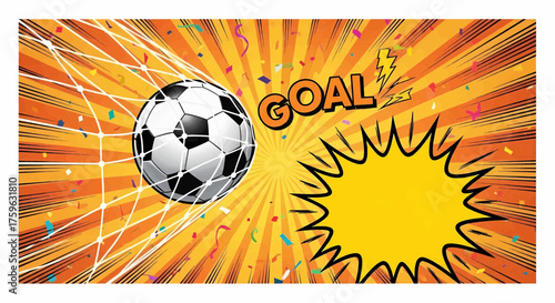 Football soccer goal in pop art comic style, a dynamic sport illustration with explosion retro rays