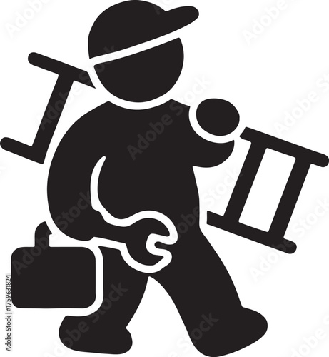 Handyman cartoon icon climbing ladder, home repair and maintenance vector illustration, EPS file.
