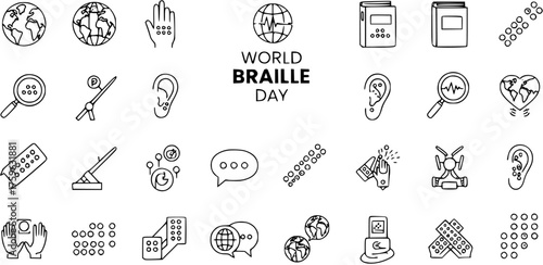 World Braille Day Doodle Icon Set: Global Accessibility, Communication, and Learning for Visually and Hearing Impaired Individuals
