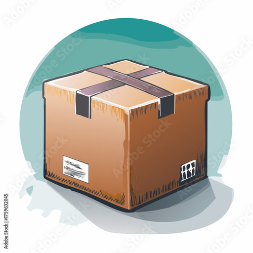 A hand-drawn illustration of a sealed cardboard box with packing tape and shipping labels, representing delivery, moving, and e-commerce