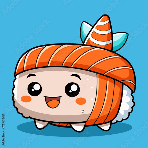 Cute kawaii salmon nigiri sushi character with big eyes and smiling face