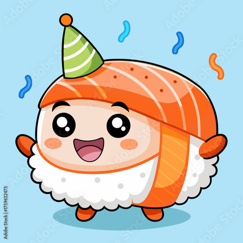 Cute cartoon salmon nigiri sushi character wearing a party hat and celebrating with confetti