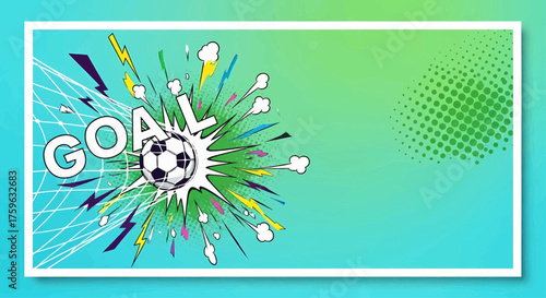Pop art comic style football soccer goal, a dynamic sport illustration with explosion rays vector background