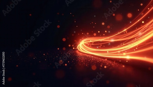 Abstract neon gold light trails swirl in vibrant patterns on black , technology, path, science