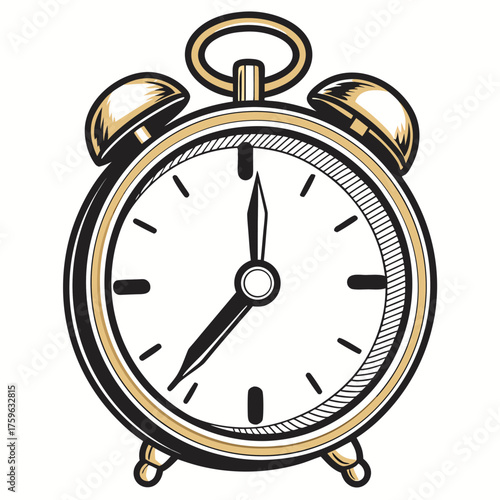 Retro alarm clock in vintage style with black and gold design  