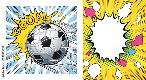 A dynamic football soccer goal in pop art comic style, a vibrant sport illustration for a poster banner