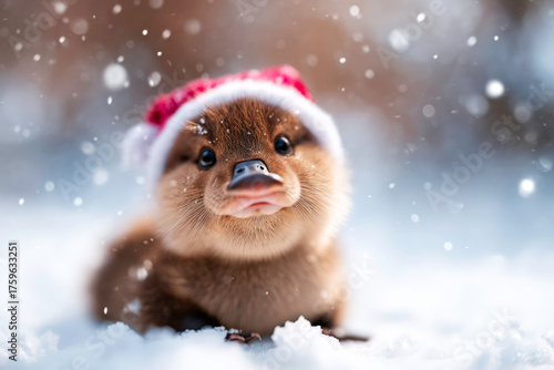 Festive platypus with Santa hat in snow unusual egg laying mammal
