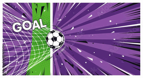 Dynamic sport illustration of a soccer goal in pop art comic style. Vector background with retro explosion rays