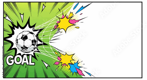 Football soccer goal pop art comic style. Dynamic sport illustration vector background with retro rays