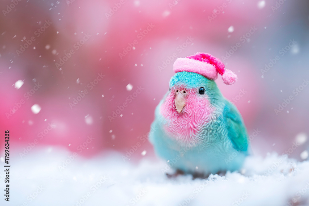 Obraz premium Quetzal wearing Santa hat on snowy ground colorful tropical bird winter concept