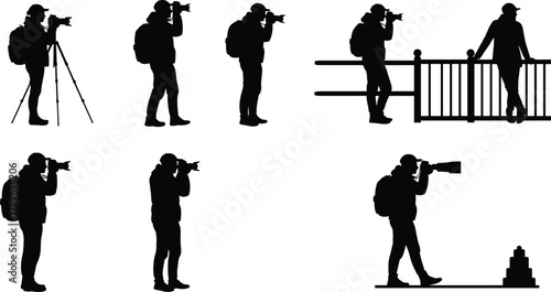 Photographer silhouettes, camera poses, tripod stance, outdoor shooting, backpack gear, observational gesture, photo activity, railing interaction, handheld capture, visual exploration