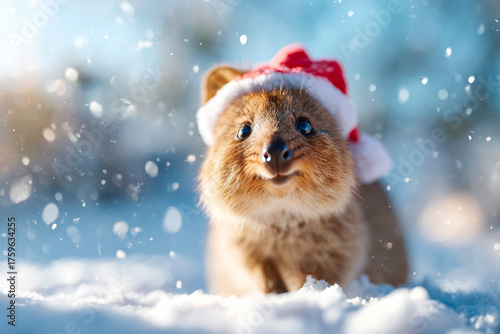 Quokka wearing Santa hat in snowy yard smiling marsupial winter holiday scene