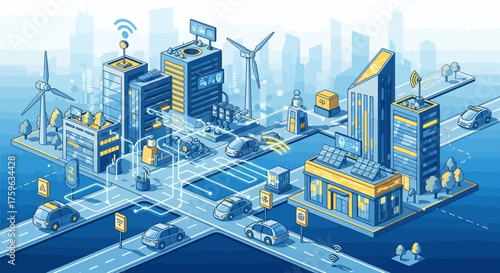 Smart city Isometric view Modern buildings Wind turbines Solar panels Electric cars Sustainable future