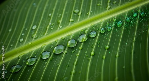 Rain-kissed tropical leaf with radiant water beads, capturing the vivid essence of natural freshness and tranquil garden beauty