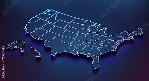 Isometric 3D Map of the United States with Blue Neon Glow