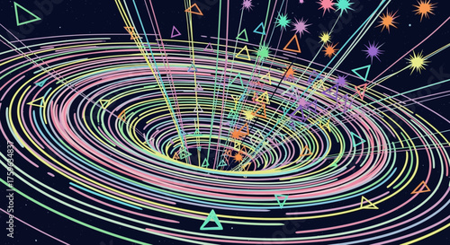 Abstract vortex of colorful lines with geometric shapes flowing into a central point dynamic movement modern technology